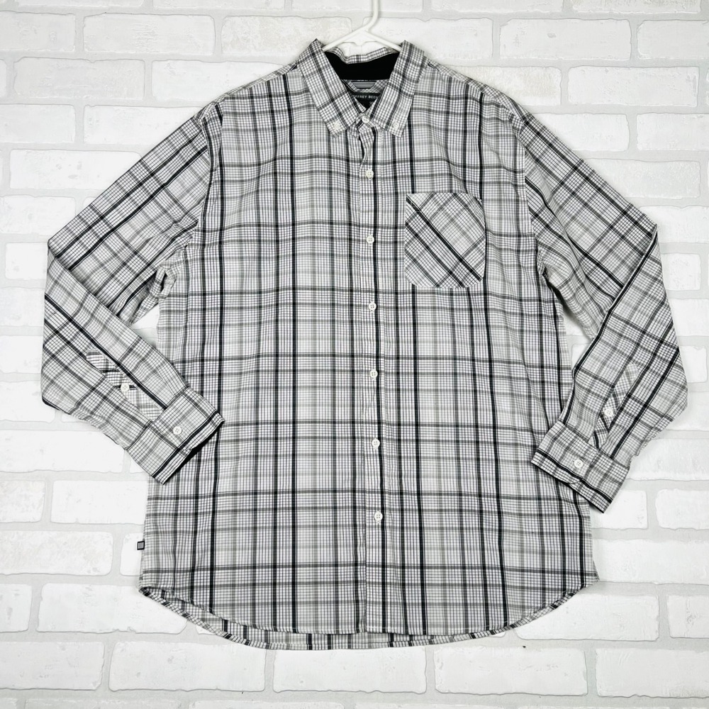 Geoffrey Beene Mens Plaid Long Sleeve Button Up Dress‎ Shirt Gray Black Large